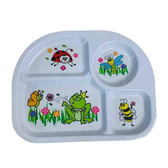 Toddler Set Of 2 Childrens Melamine Dinner Plates 4 Compartment Frog Bugs VTG - Picture 3 of 10
